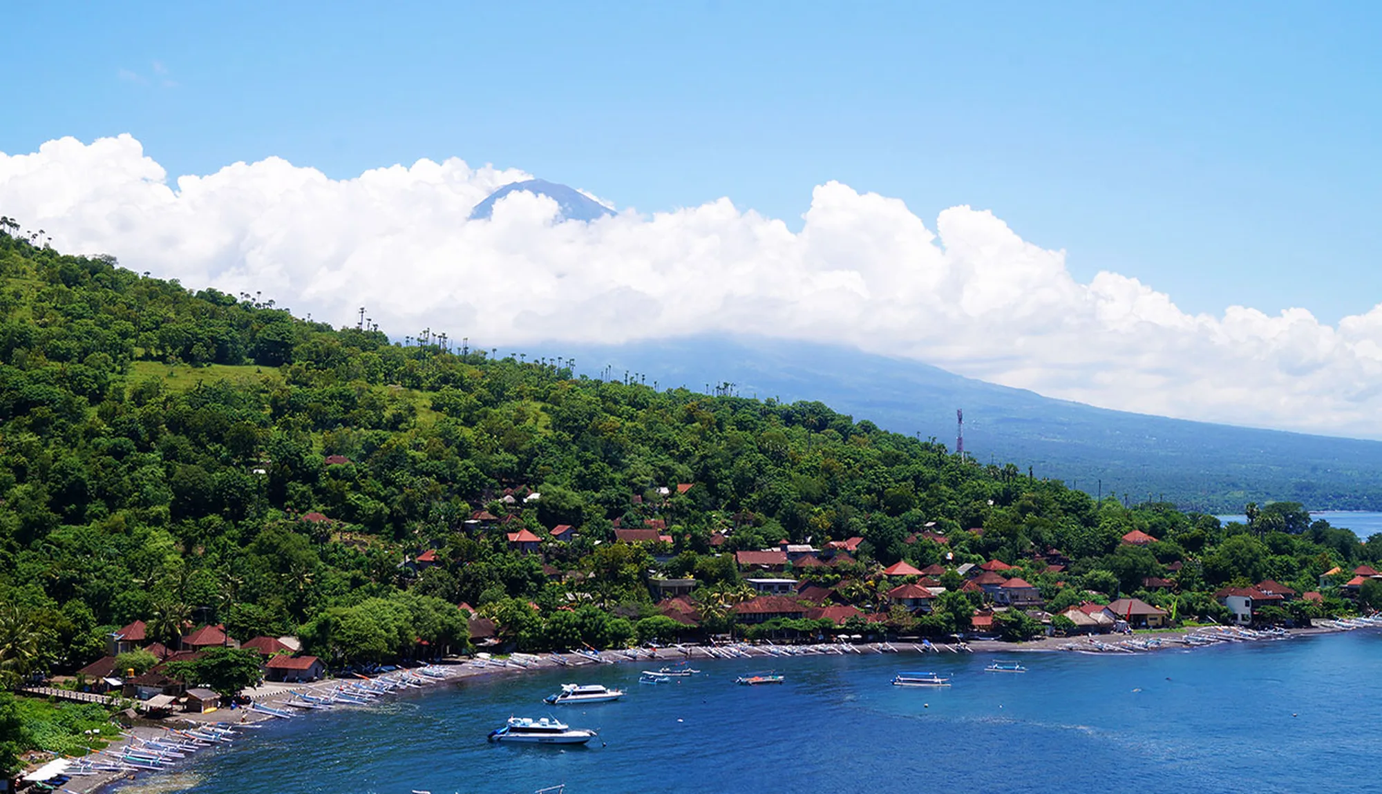 Quiet East Bali coastline with Mount Agung